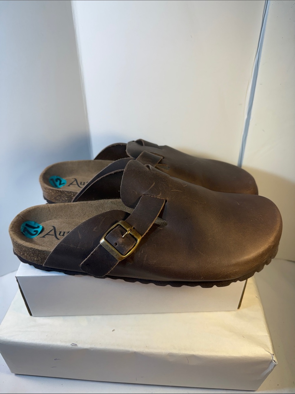 Aureum Men's Brown Leather Slip-On Buckle Clog Loafers